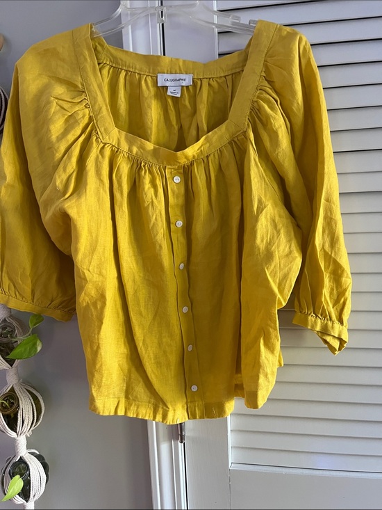 Calligraphie Tops - CallaGraphe Yellow Button-Front Peasant Blouse